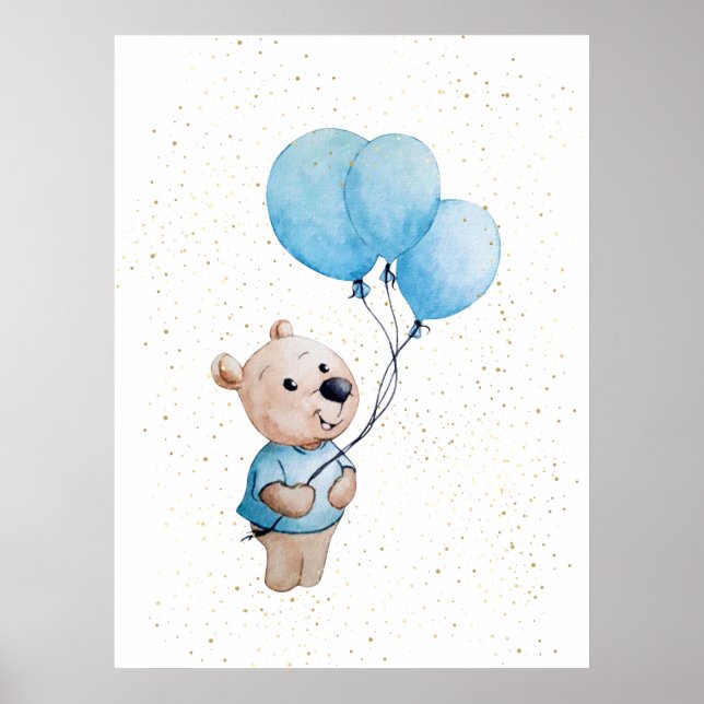 Affiche Ours en peluche avec ballons Aquarelle Nursery (Devant)