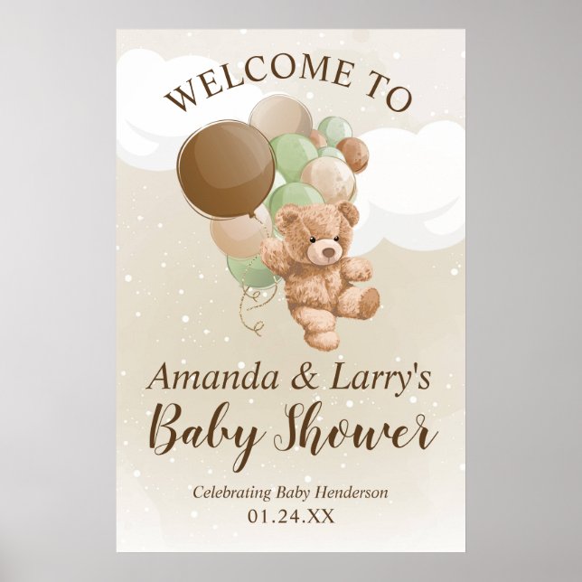 Affiche Ours en peluche avec des ballons verts et Brown Bi (Devant)