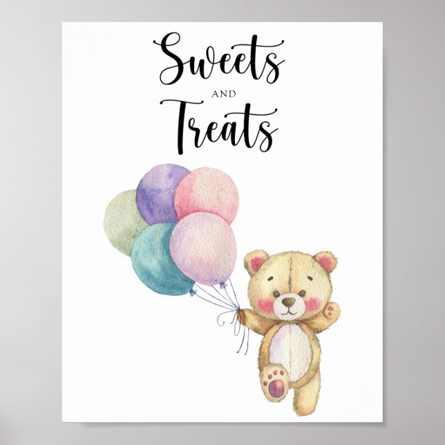 Affiche Ours en peluche - baby shower sucré et friandise (Devant)