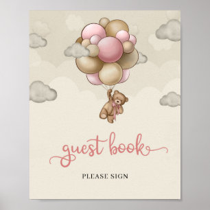Affiche Ours en peluche ballons d'ivoire rose brun livre d