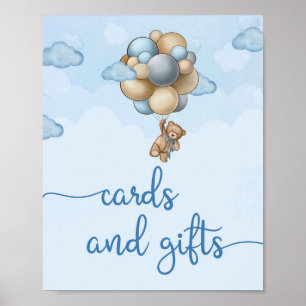 Affiche Ours en peluche bleu brun ballons cartes et signes