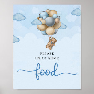 Affiche Ours en peluche bleu brun beige ballons signe alim