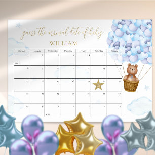 Affiche Ours en peluche devine la date prévue bleu Baby Sh