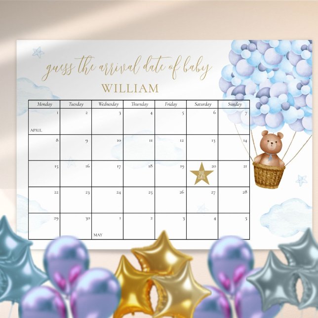 Affiche Ours en peluche devine la date prévue bleu Baby Sh (Guess The Due Date Teddy Bear Blue Baby Shower Poster)