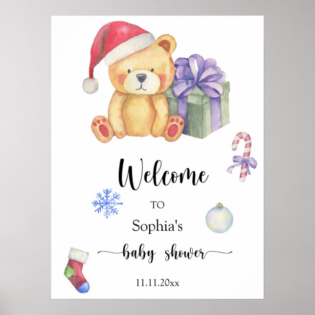 Affiche Ours en peluche d'hiver - baby shower de bienvenue (Devant)