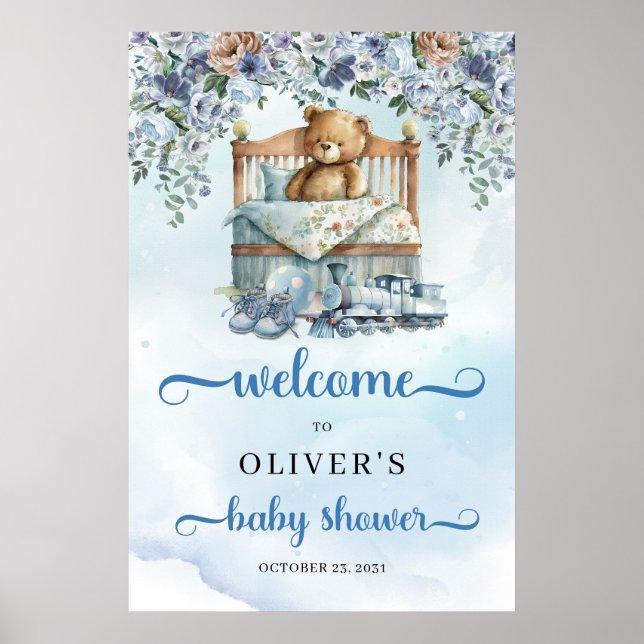 Affiche Ours en peluche en berceau baby shower bleu poussi (Devant)