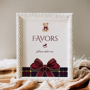 Affiche Ours en peluche favoris rouge ruban doré carreaux