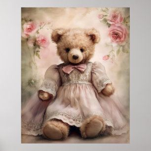 Affiche Ours en peluche fille shabby chic antique