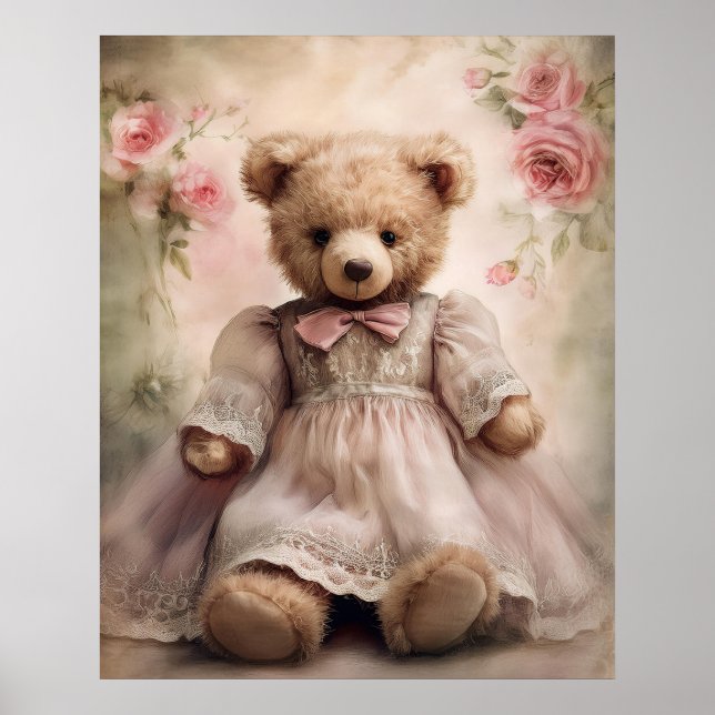 Affiche Ours en peluche fille shabby chic antique (Devant)