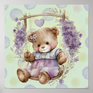 Affiche Ours en peluche marron Balançant une robe lavande 