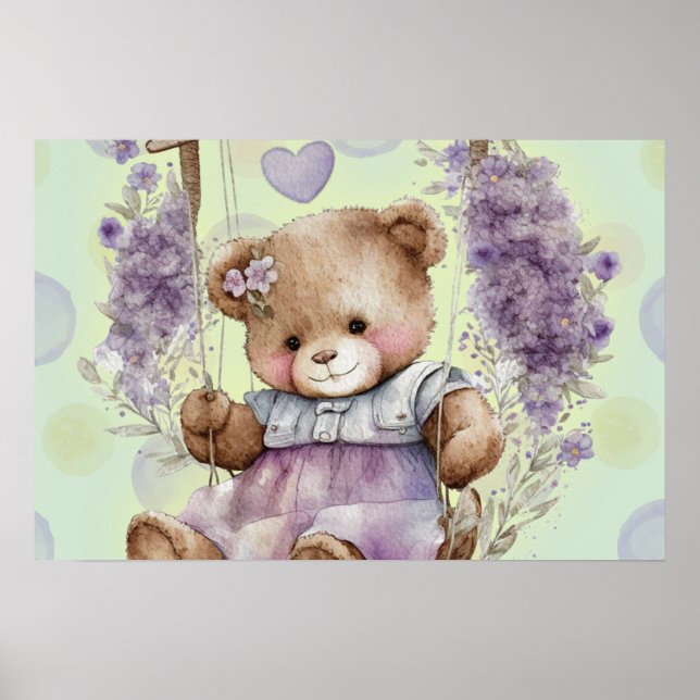 Affiche Ours en peluche marron Balançant une robe lavande  (Devant)