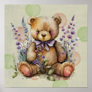 Affiche Ours en peluche marron Fleurs de lavande et pois 