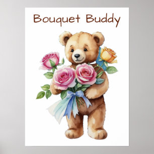 Affiche Ours en peluche mignon avec bouquet de rose