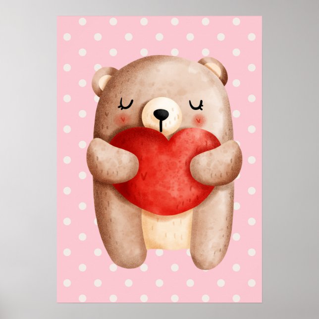 Affiche Ours en peluche mignon portant un coeur rouge (Devant)