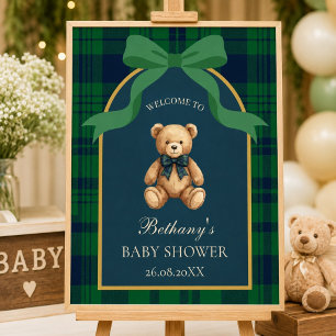Affiche Ours en peluche Prépa Vintage Plaid Vert Bienvenue