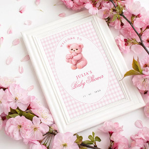 Affiche Ours en peluche rose à carreaux pour Baby Shower n
