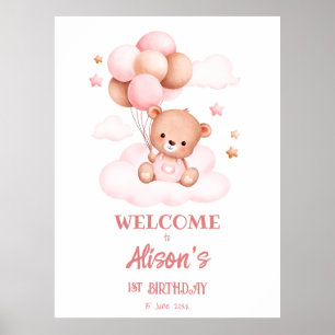 Affiche Ours en peluche rose avec ballons sur nuages perso