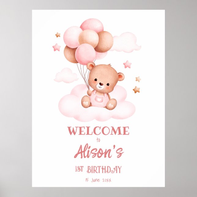 Affiche Ours en peluche rose avec ballons sur nuages perso (Devant)