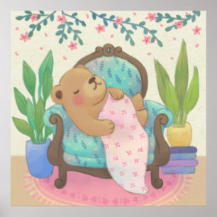 Affiche Ours en peluche sur illustration de fauteuil ancie