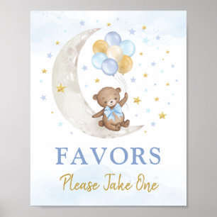 Affiche Ours en peluche sur Lune Bleu Bleu Ballons d'or Sy