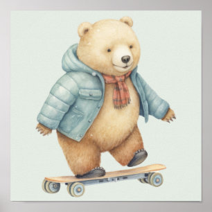 Affiche Ours en peluche sur planche à roulettes