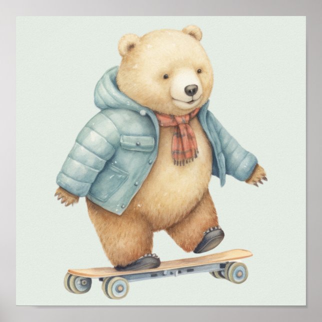 Affiche Ours en peluche sur planche à roulettes (Devant)