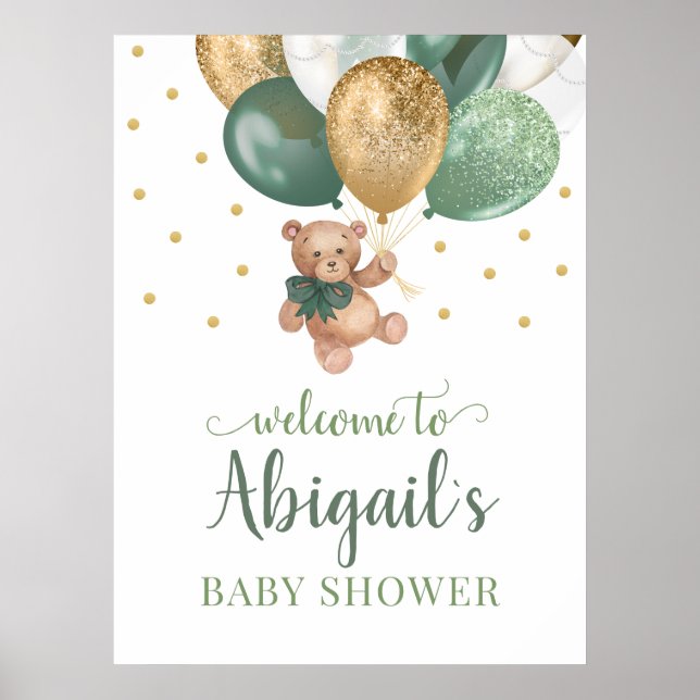 Affiche Ours en peluche Vert Sauge Bienvenue Baby Shower  (Devant)