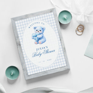 Affiche Ours en tissu à carreaux bleus Baby Shower Neutre