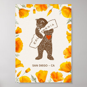 Affiche Ours Enlacant La Californie Carte Coquelicots Pers