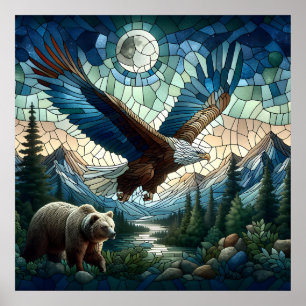 Affiche Ours et aigle en mosaïque dans les montagnes Ai Ar