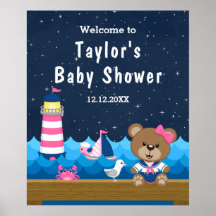Affiche Ours fille nautique rose marine Bienvenue à la bab