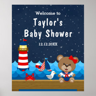 Affiche Ours fille nautique rouge marine Baby Shower Bienv