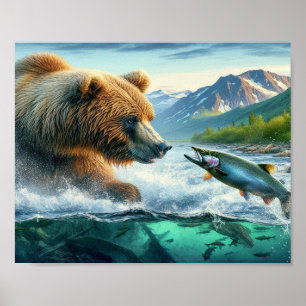 Affiche Ours grizzli avec truite arc-en-ciel saumon 8x10