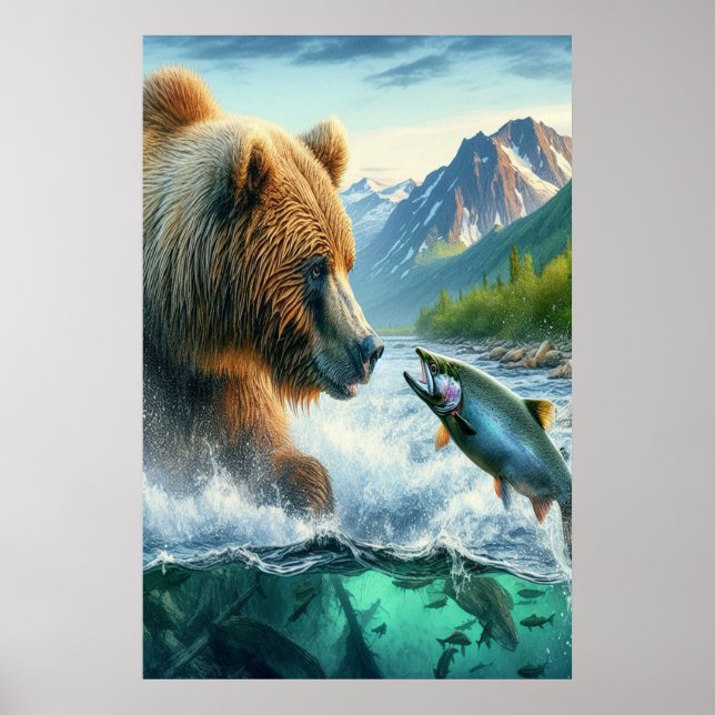 Affiche Ours grizzlis avec saumon à truite arc-en-ciel 24x (Devant)