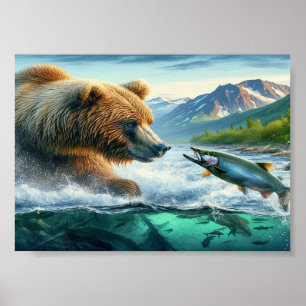 Affiche Ours grizzlis avec truite arc-en-ciel saumon 7x5
