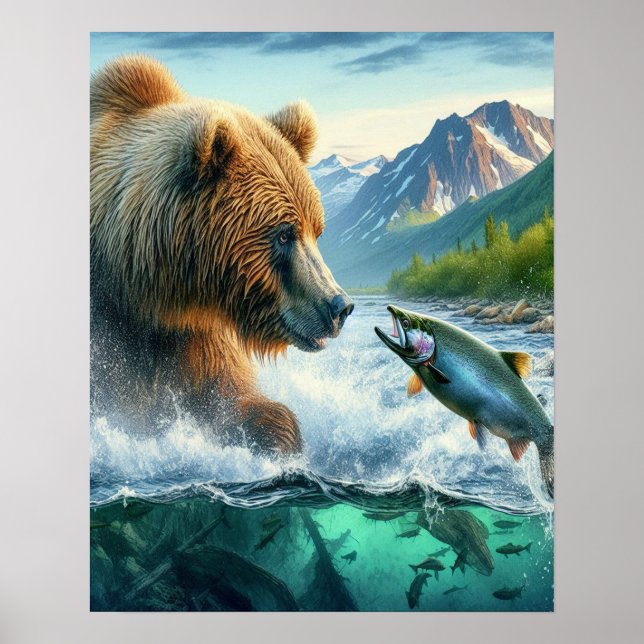 Affiche Ours Grizzly avec saumon à truite arc-en-ciel 16x2 (Devant)