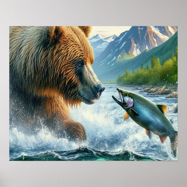 Affiche Ours Grizzly avec saumon à truite arc-en-ciel 16x2 (Devant)