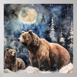 Affiche Ours Grizzly et Bébé