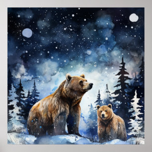 Affiche Ours Grizzly et bébé