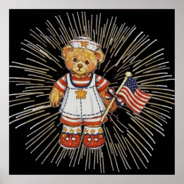 Affiche Ours infirmière vintage avec feux d'artifice blanc