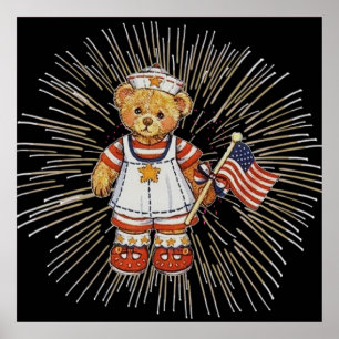 Affiche Ours infirmière vintage avec feux d'artifice blanc