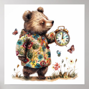 Affiche Ours lunaire tenant horloge vintage Petite