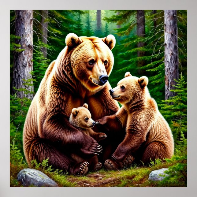 Affiche Ours mère avec des oursons dans un cadre forestier (Devant)