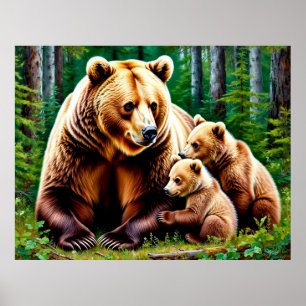 Affiche Ours mère avec ses oursons dans un cadre forestier