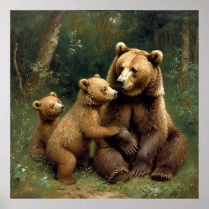Affiche Ours mère avec ses oursons dans un cadre forestier