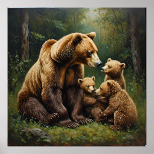 Affiche Ours mère avec ses oursons dans un cadre forestier