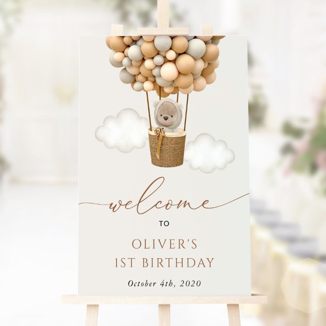 Affiche Ours mignon, Ballons Beiges, Accueil Premier Anniv (Créateur téléchargé)