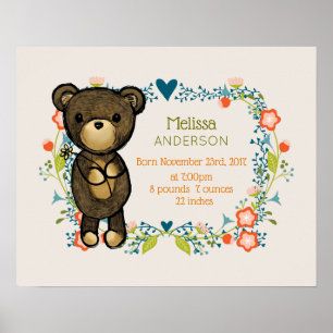 Affiche Ours mignon, Fleur Jaune et Fer Floral Wreath Baby