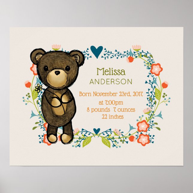 Affiche Ours mignon, Fleur Jaune et Fer Floral Wreath Baby (Devant)