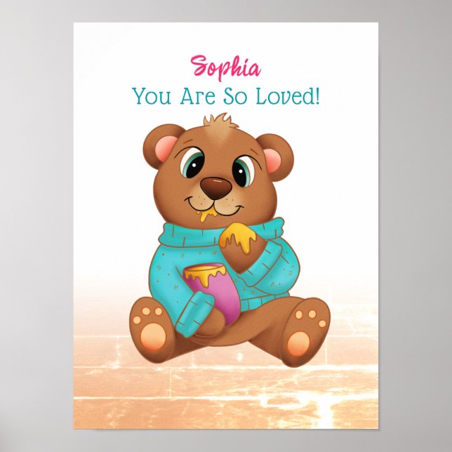 Affiche Ours mignon mangeant du miel, nom de l'enfant et m (Devant)